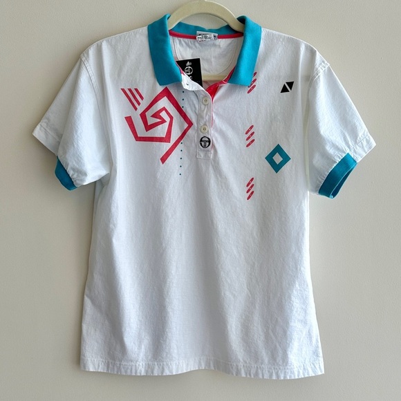 Sergio Tacchini Abstract Rose Polo, Geometric Polo Shirt - White/Red/Sky Blue, S - Picture 1 of 16